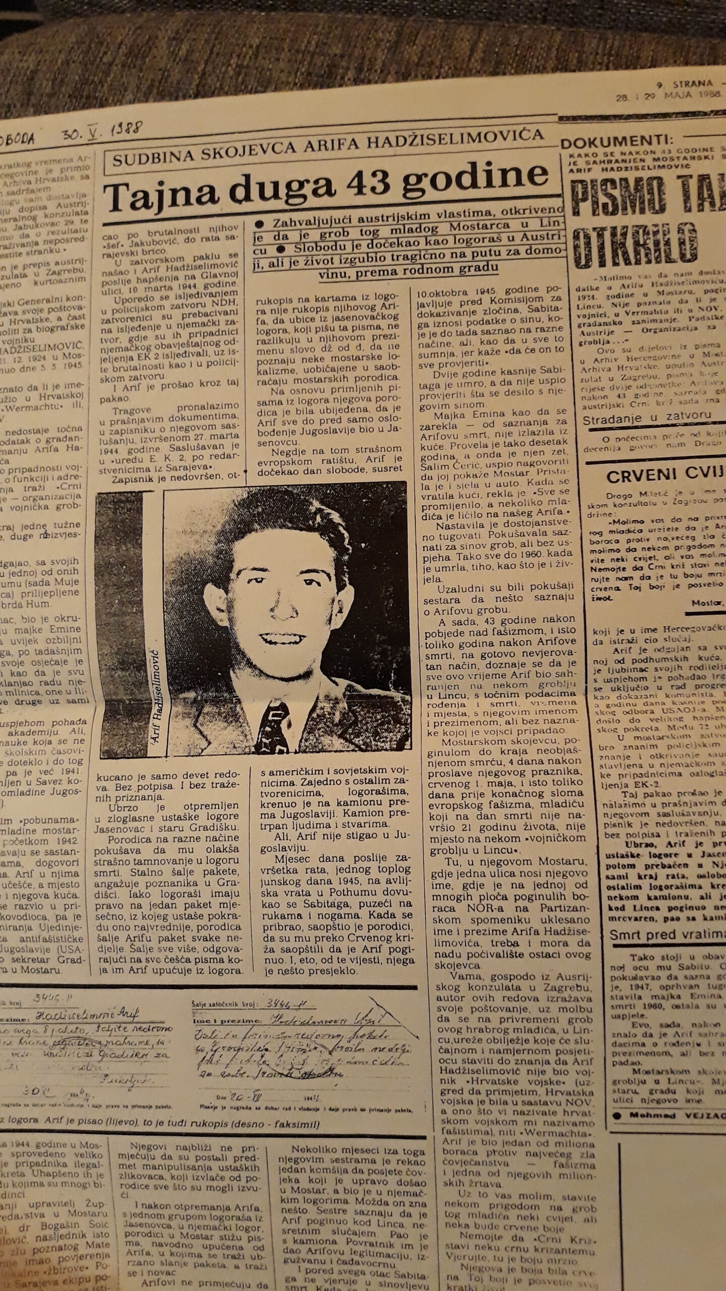 članak o neobičnom slučaju Arifa Hadžiselimovića, list "Sloboda" 30.5.1988.