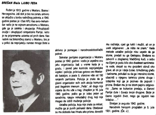 Ljubo Brešan, kratka biografija, Narodni heroji Jugoslavije, str. 113