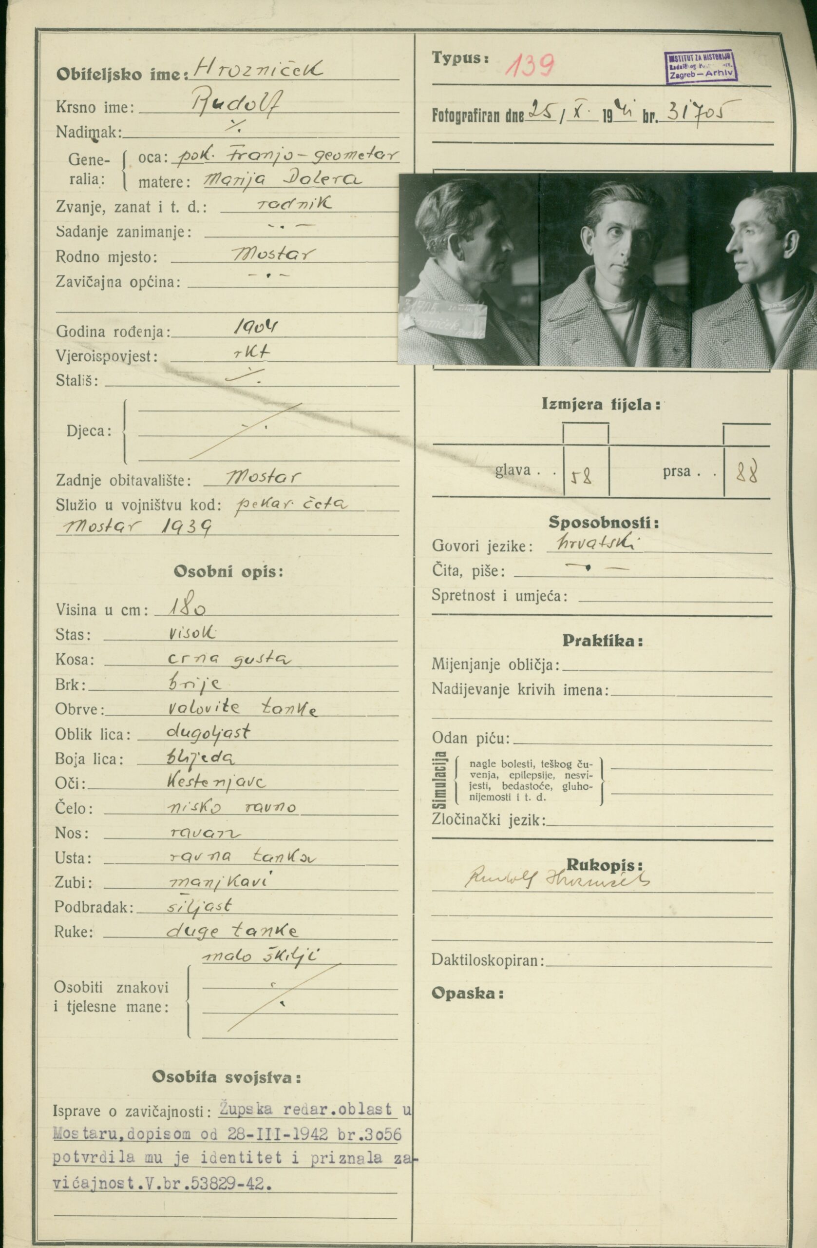  police file of Rudolf Hrozniček, photo dated October 25, 1941