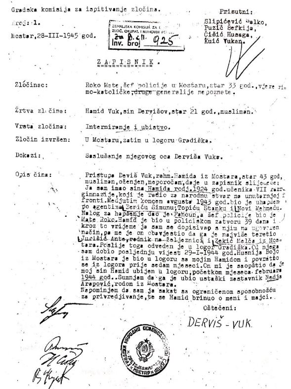 report from the hearing of the City commission for examination of war crimes 925 as of March 28, 1945. regarding the case of Hamida Vuka