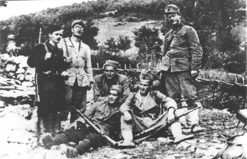 Members of the party bureau of the Third (Mostar) Battalion of the Tenth People's Liberation Herzegovinian Assault Brigade (later Proletarian), near Prozor in October 1942. Standing - Dušan Simić, Muhidin Bašagić Hido (killed near Ostrošac in 1943), Šefik Obad (national hero, killed on Sutjeska on June 13 1943), Enver Ćemalović is kneeling, Aco Babić and Salko Pezo are sitting (killed at Sutjeska in 1943)